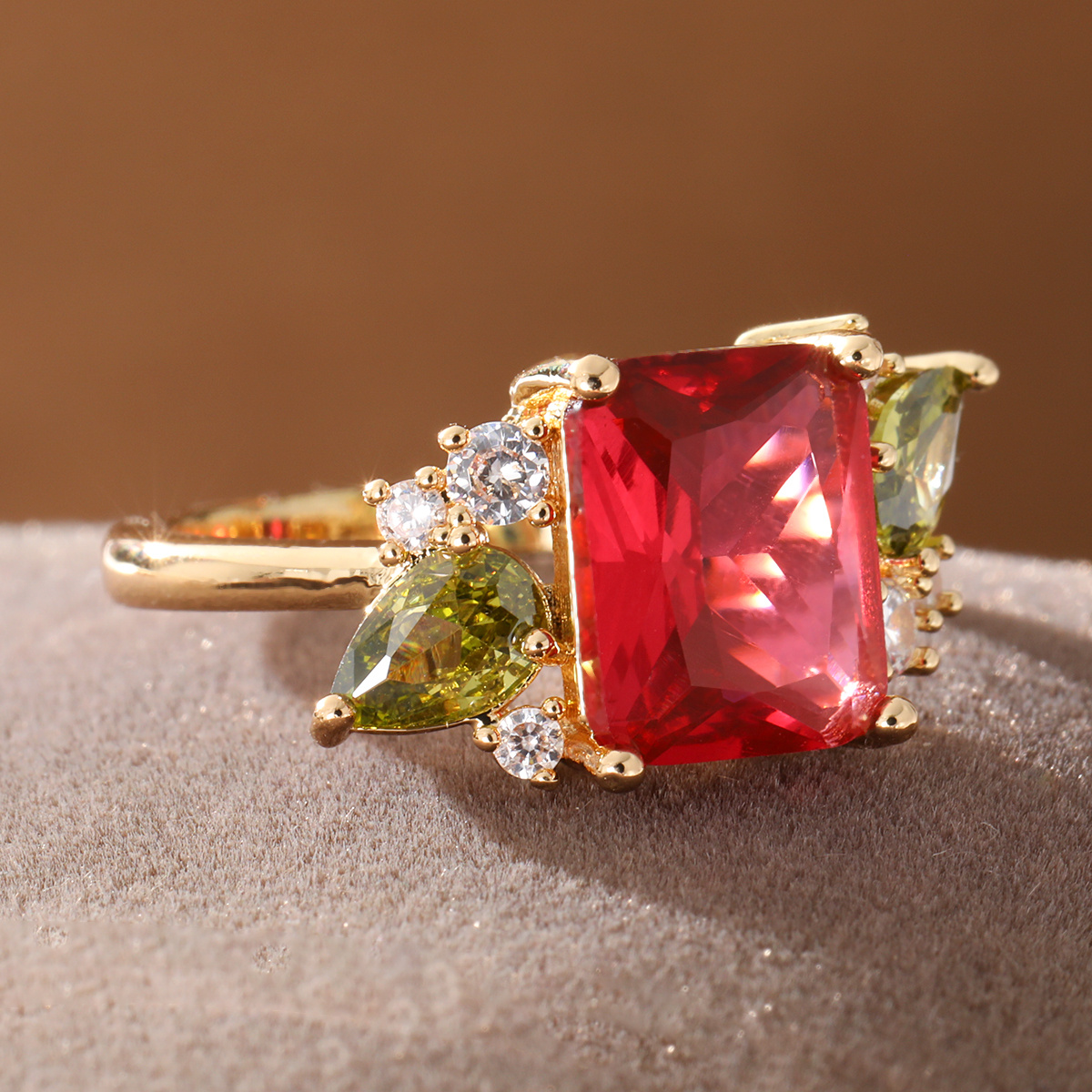 Vintage Ethnic-Style Women's Ring with Red Synthetic Zirconia